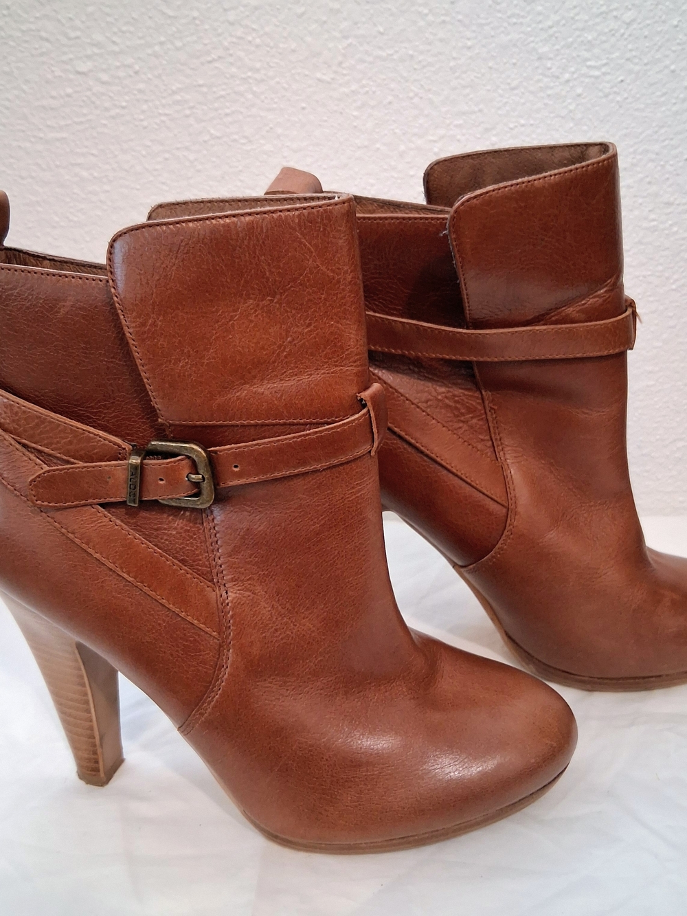 Aldo Cognac Leather Strappy High Heel Ankle Boots